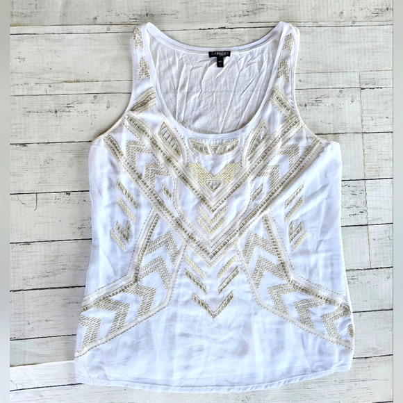 Express Tops - Express White & Cream Beaded Embroidered Sheer Lined Tank Top Scoop Neck